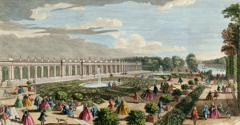 View of the Chateau de Trianon, towards the Parterre (coloured engraving) (see also 171645) from Jacques Rigaud