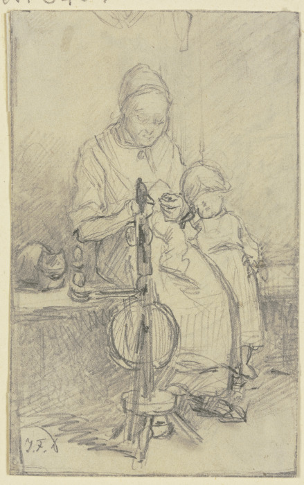 Eine Frau mit Kind und Katze beim Spinnrad sitzend from Jakob Furchtegott Dielmann