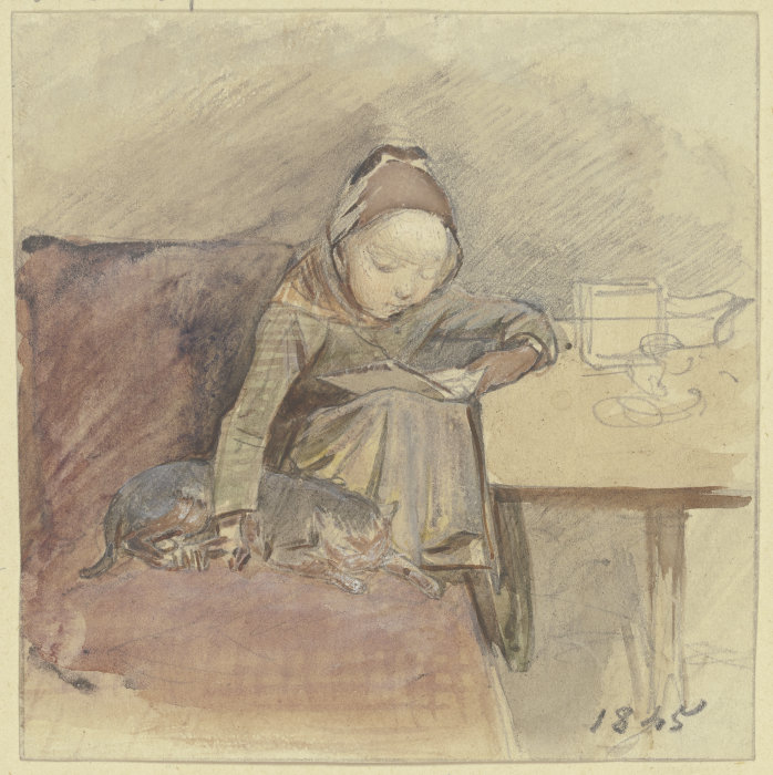 Lesendes Kind mit der Katze an einem Tisch auf einem roten Sofa sitzend from Jakob Furchtegott Dielmann