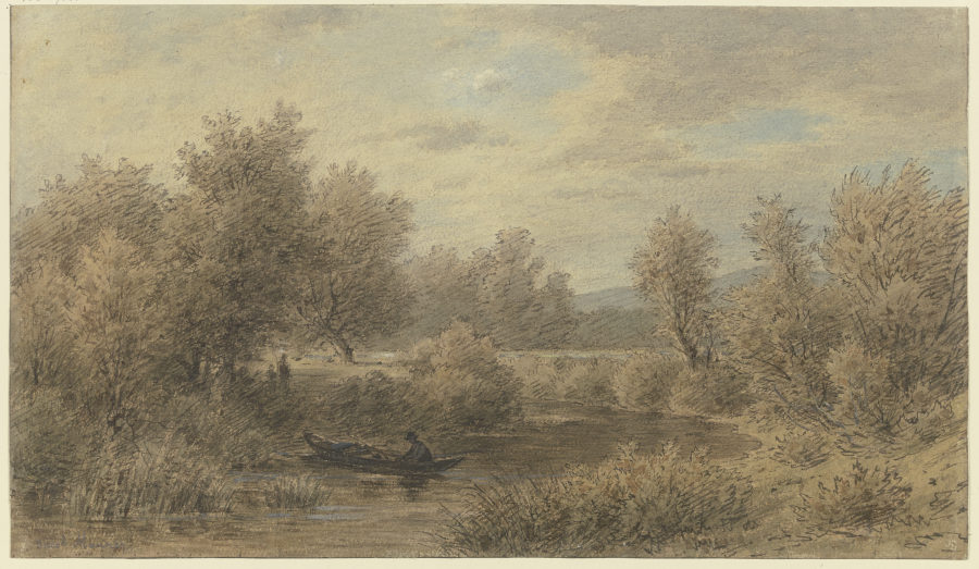 Ein Kahn mit einem Fährmann hält am Ufer (Motiv an der Nied) from Jakob Maurer