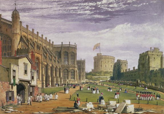 Lower Ward with a view of St George's Chapel and the Round Tower, Windsor Castle, 1838 (colour litho from James Baker Pyne