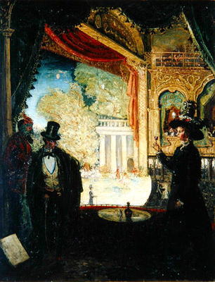 A Scene in a Theatre: A Performance Seen from a Box in which Three figures are Standing, 1908 (oil o from James Dickson Innes