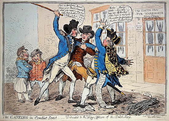 The Caneing in Conduit Street, published by  Hannah Humphrey from James Gillray