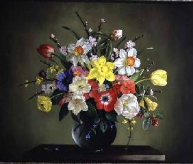 Narcissi, Anemones, Tulips, Forsythia, Rhododendron and Apple Blossom in a Glass Vase