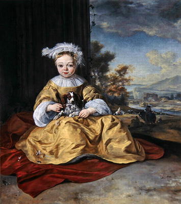 A Child in a yellow dress holding a dog (oil on canvas) from Jan Baptist Weenix
