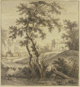 Landschaft, vorne zwei Bäume, rechts eine Ruine, links ein Wasser und Felsen