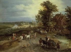 Jan Bruegel t.E./Landscape w.tavern
