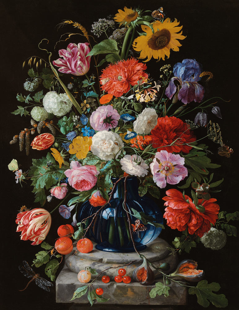 Tulpen, eine Sonnenblume, eine Iris und andere Blumen in einer Glasvase auf dem Marmorsockel einer S from Jan Davidsz de Heem