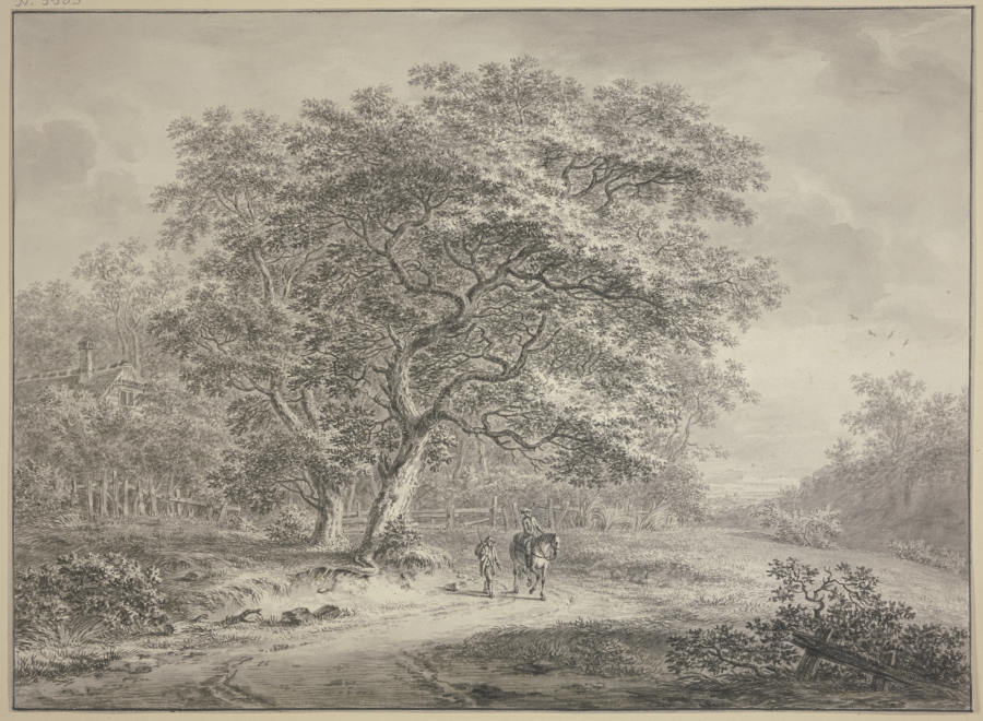 Waldesrand mit einem Zaun eingefasst, unter zwei großen Bäumen ein Reiter und ein Fußgänger from Jan Evert Grave