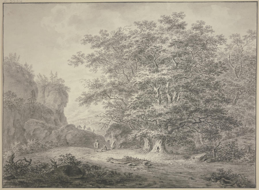 Waldpartie, links Felsen über welche zwei Maultiere mit ihren Führern kommen from Jan Evert Grave