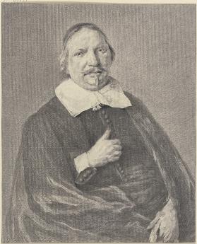 Brustbild eines Mannes mit Schnurr und Zwirbelbart, im Mantel die rechte Hand auf der Brust