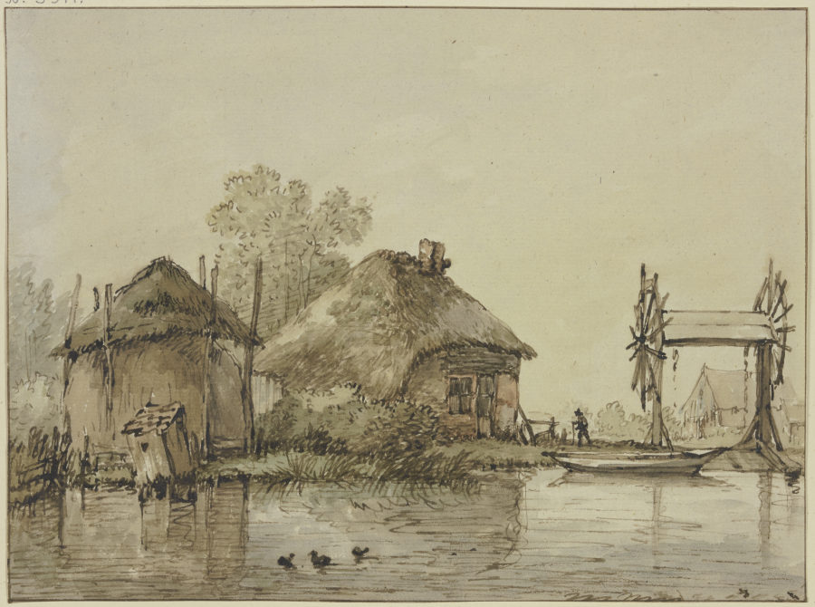 An einem Kanal ein Haus mit Scheune und eine Schleuse mit zwei Rädern from Jan Hulswit