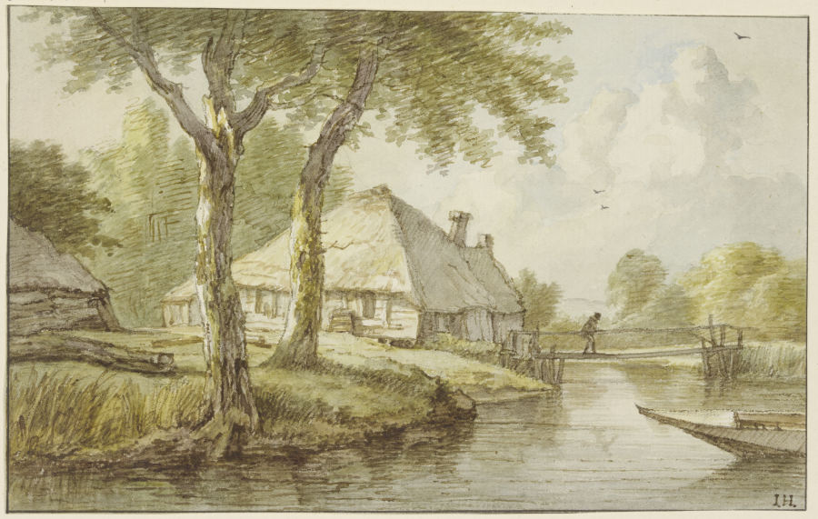 Bei zwei Bäumen ein Haus am Wasser, ein Steg, rechts die Spitze eines Kahnes from Jan Hulswit