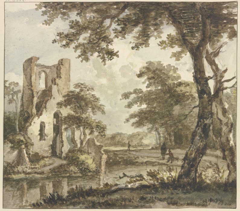 Links am Wasser eine Ruine, rechts ein Angler und zwei weitere Figuren from Jan Hulswit