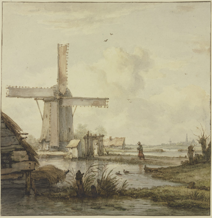 Windmühle vor einer Stadt mit hohem Turm, über einen abgegatterten Damm am Stock schreitend eine Fra from Jan Hulswit