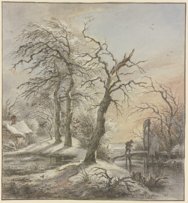 Winterlandschaft, ein Wanderer überquert auf einem Steg einen Bach from Jan Hulswit