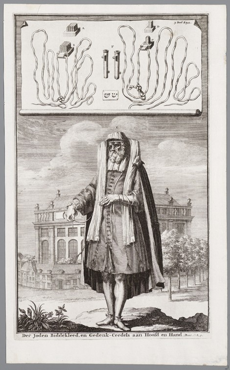 Jewish man, dressed for prayer. On the background the Portuguese Synagogue of Amsterdam from Jan Luyken