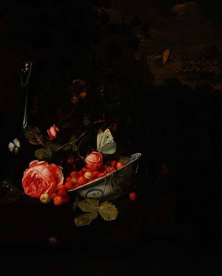 Still Life of Wild Strawberries, a Rose and a Glass Bottle from Jan Mortel