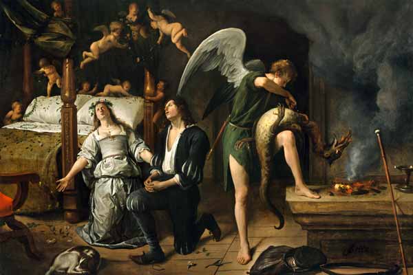 Tobias and Sarah with the Archangel Raphael exorcising the demon Asmodeus, restored version reassemb from Jan Steen