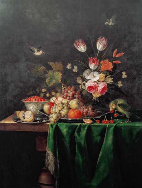 Still Life of Fruit and Flowers with a Parrot on a Table covered with a Green Cloth from Jan van Dalen