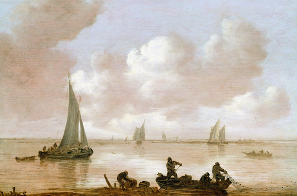 An estuary with fisherman hauling in their nets, with sailing boats behind from Jan van Goyen
