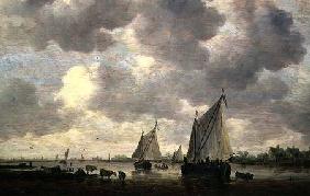A Canal in Holland, or Two Large Sailing Ships and Cattle Near a River