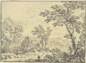 Landschaft mit Ruinen, vorne rechts ein Schafhirte