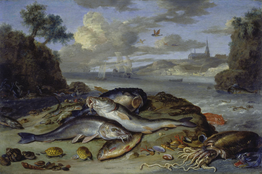 Stillleben mit Fischen und Meeresgetier in einer Küstenlandschaft from Jan van Kessel d.Ä.