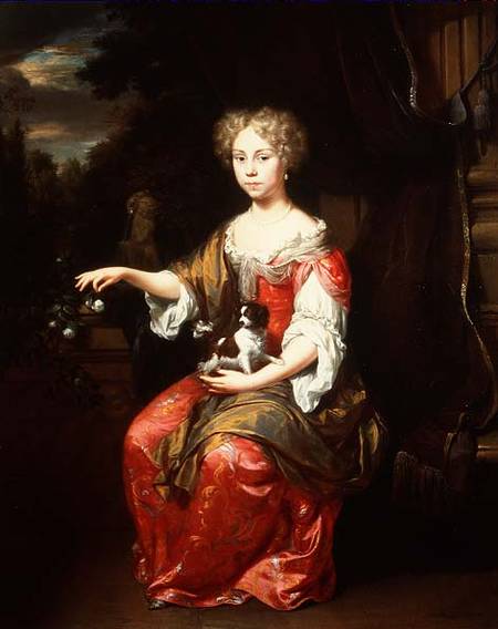 Portrait of a Lady holding her pet King Charles Spaniel from Jan Verkolje