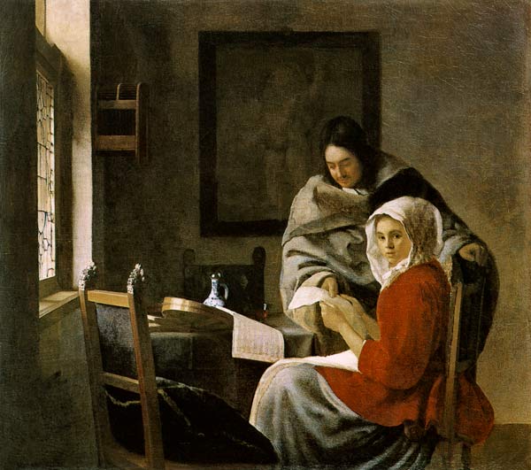 Ein musizierendes Mädchen wird in ihrer musik unterbrochen from Jan Vermeer van Delft