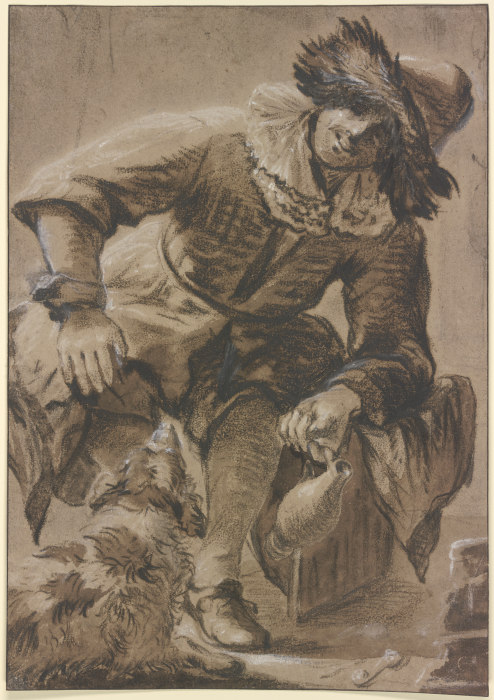 Sitzender Mann mit Pelzmütze und Weinkrug, dabei ein Hund from Jan Vermeer van Delft
