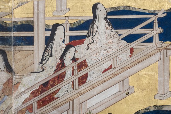 Detail of Spring in the Palace, six-fold screen from 'The Tale of Genji' from Japanese School