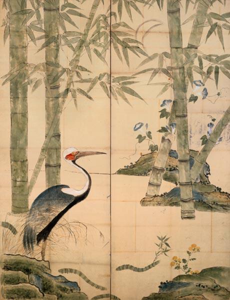 Pine and Bamboo and Cranes (w/c on panel)