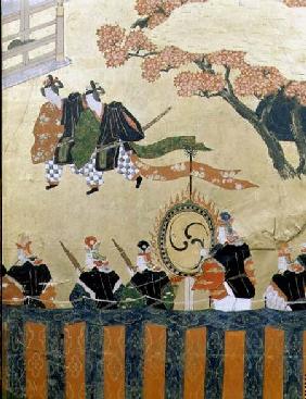 Detail from a four leaf screen depicting two courtiers wearing kazaritachi and soldiers, Tosa School