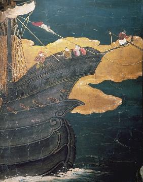The Arrival of the Portuguese in Japan, detail of ship''s prow, from a Namban Byobu screen, 1594-161