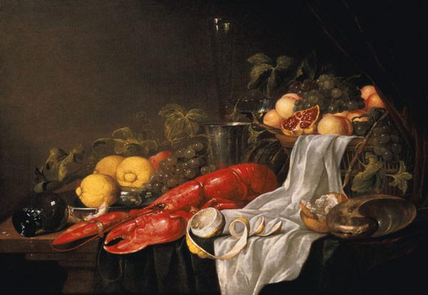 Still life of fruit and a lobster on a cloth-draped table