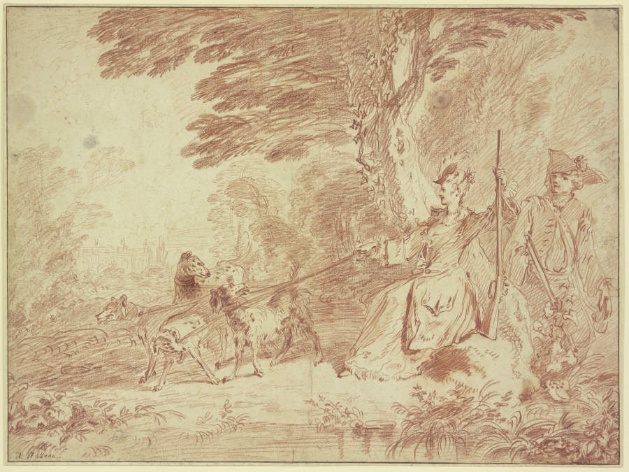 Jagdpartie, Jägerin und Jäger mit vier Hunden in einer Landschaft from Jean-Antoine Watteau