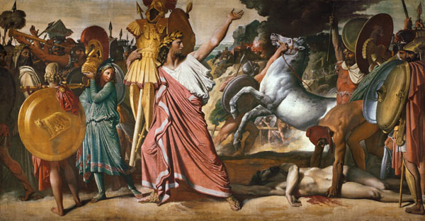 Romulus, der Sieger von Acron, trägt die reiche Beute in den Zeustempel from Jean Auguste Dominique Ingres