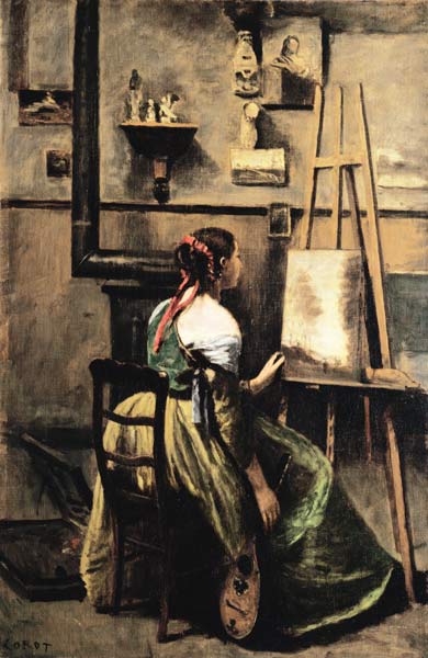 The Studio of Corot, or Young woman seated before an Easel, 1868-70 (oil on canvas) from Jean-Babtiste-Camille Corot