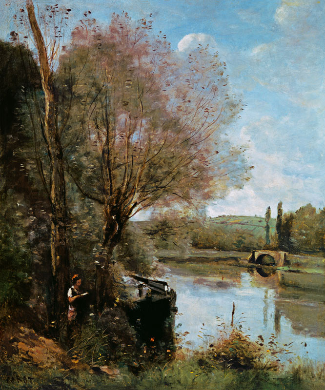 Lesende an einem bewaldeten Flussufer from Jean-Babtiste-Camille Corot