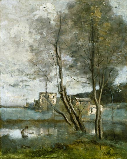 Angler und Häuser from Jean-Babtiste-Camille Corot