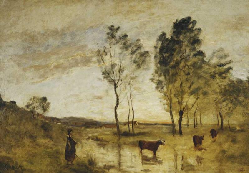 Die Furt, Kühe an einer Furt from Jean-Babtiste-Camille Corot