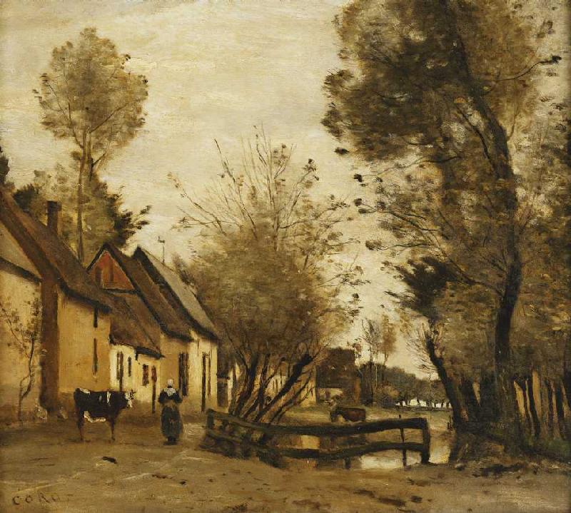 Flesselles, Straße mit Bauer und Kuh (Flesselles, une Rue avec une Paysanne et sa Vache) from Jean-Babtiste-Camille Corot