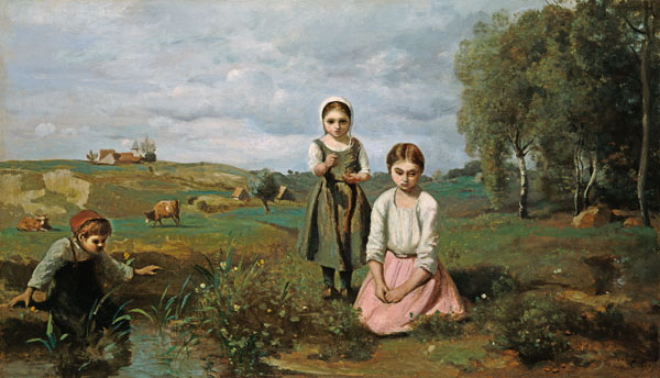 Children beside a brook in the countryside, Lormes (oil on canvas) from Jean-Babtiste-Camille Corot