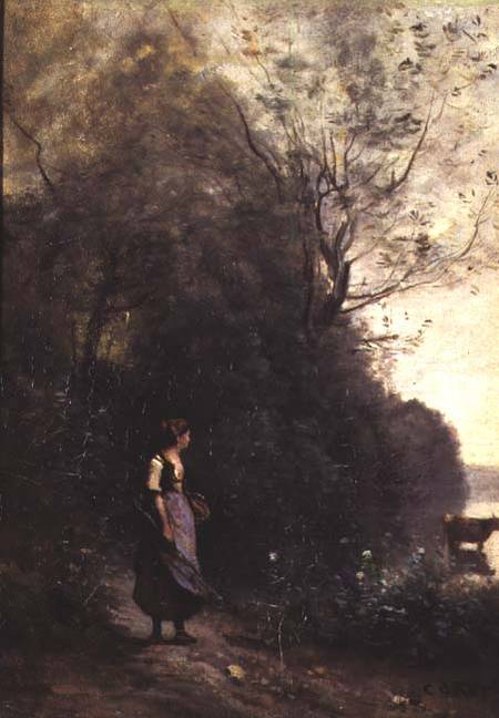 A Peasant Woman Grazing a Cow at the Edge of a Forest from Jean-Babtiste-Camille Corot