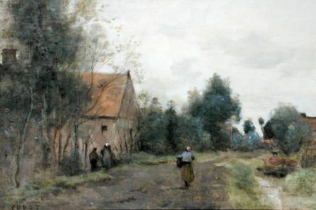 Sin near Douai, Village Street in the Morning, Grey Weather from Jean-Babtiste-Camille Corot