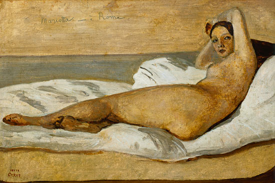 The Roman Odalisque (Marietta) 1843 (oil & pencil on paper) from Jean-Babtiste-Camille Corot