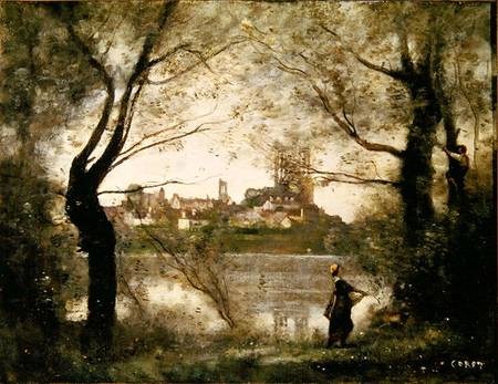 View of the Town and Cathedral of Mantes Through the Trees, Evening from Jean-Babtiste-Camille Corot