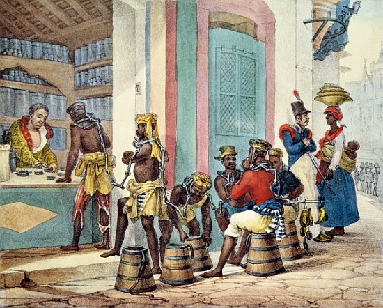 Manacled slaves buying tobacco from a Tobacco shop in Rio de Janeiro from Jean Baptiste Debret