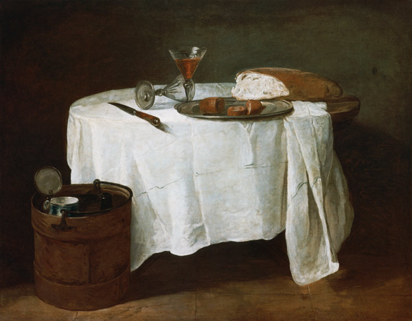 Brot, Wurst und zwei Weingläser auf einem runden Tisch. from Jean-Baptiste Siméon Chardin